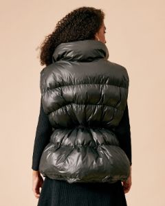 The Black Stand Collar Drawstring Padded Gilet sold by rihoas