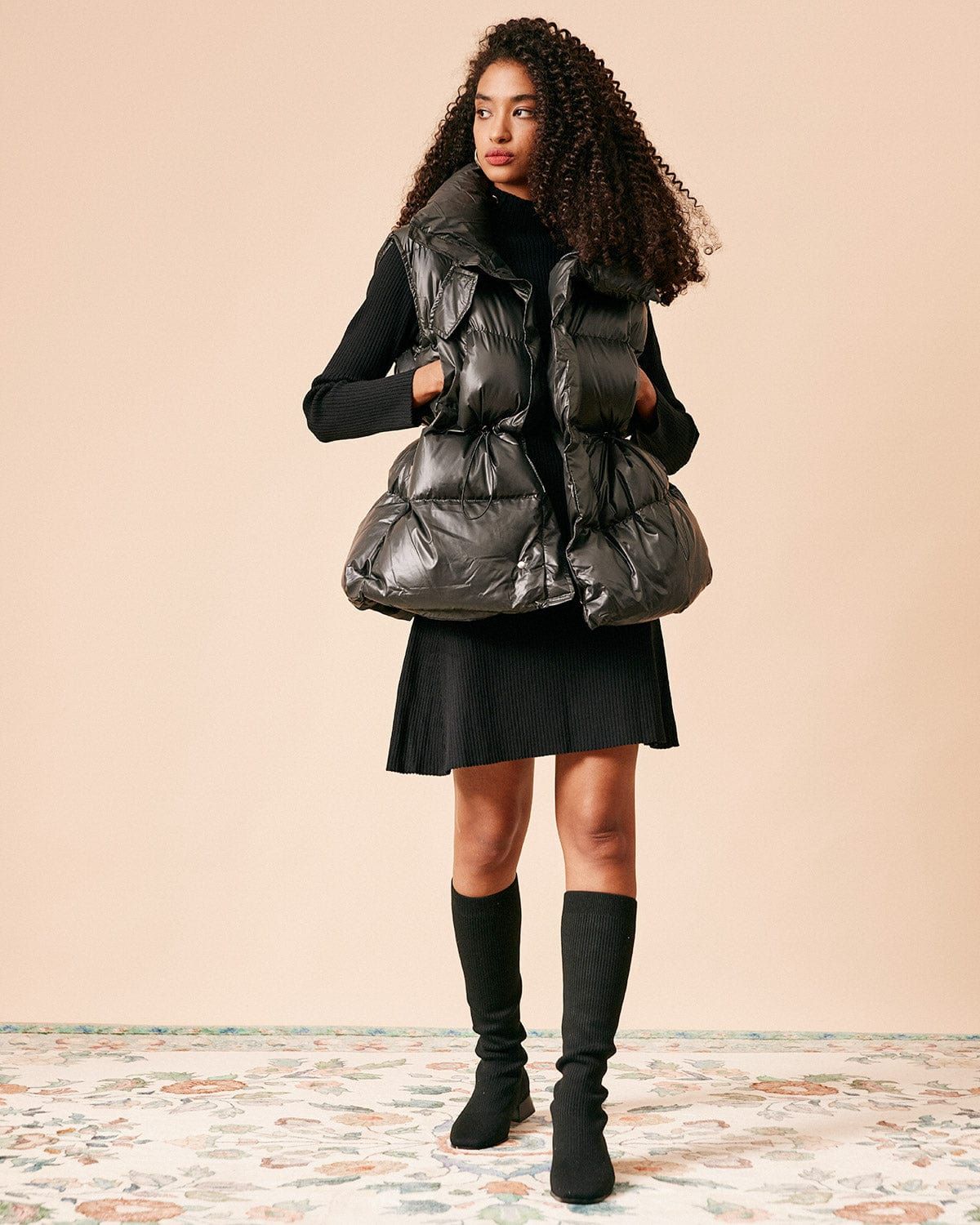 The Black Stand Collar Drawstring Padded Gilet sold by rihoas product image thumbnail 4