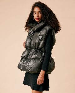 The Black Stand Collar Drawstring Padded Gilet sold by rihoas