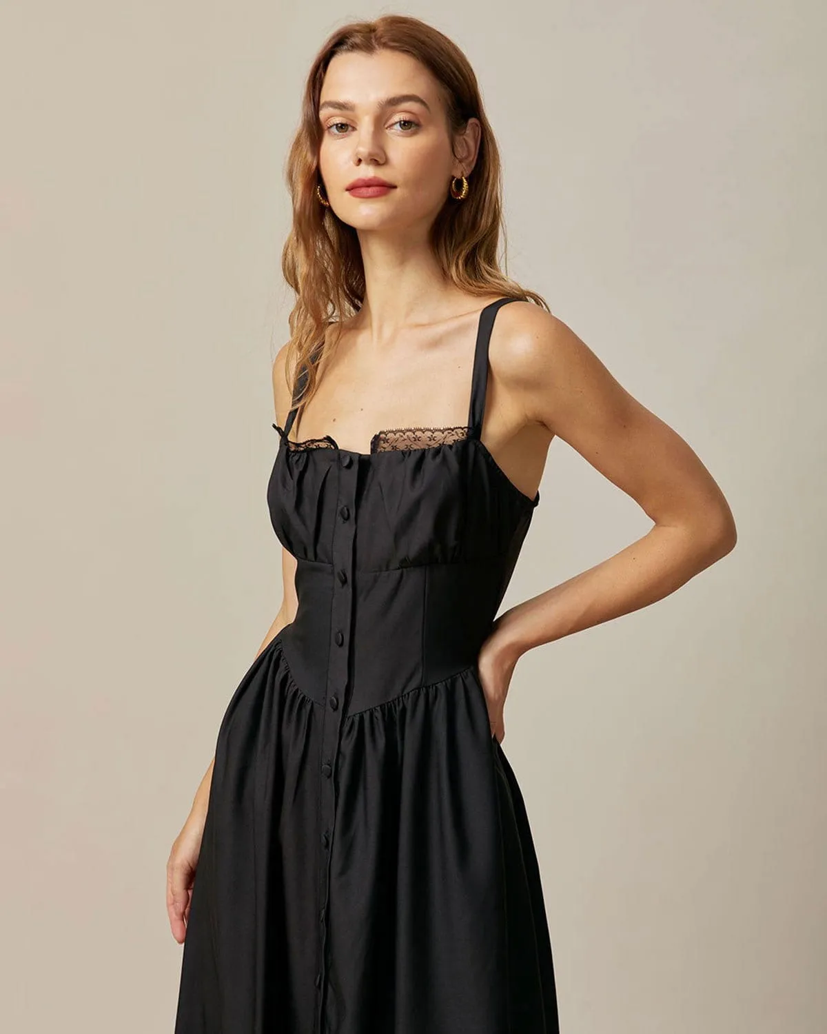 The Black Square Neck Lace Cami Midi Dress sold by rihoas product image thumbnail 4