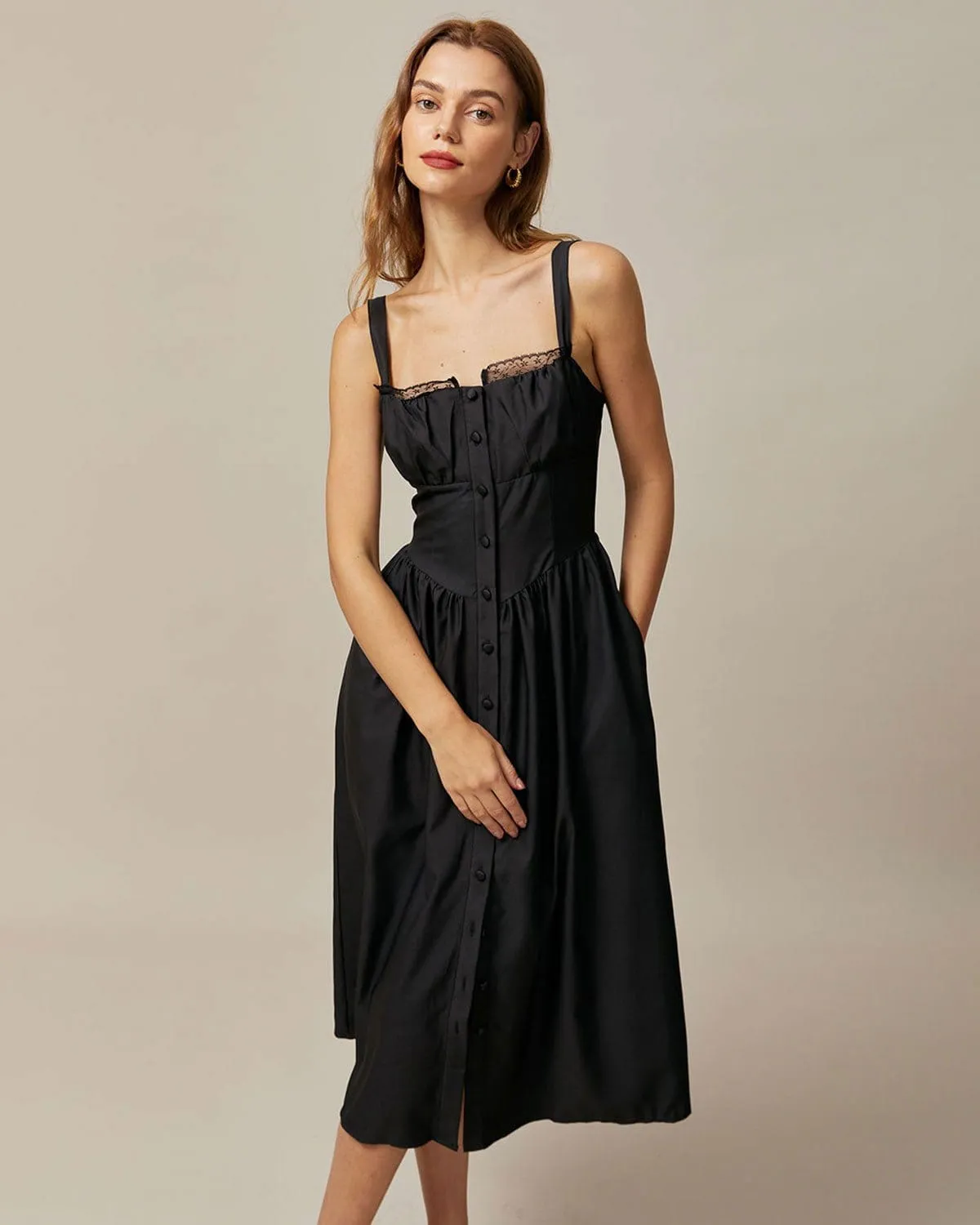 The Black Square Neck Lace Cami Midi Dress sold by rihoas product image thumbnail 3