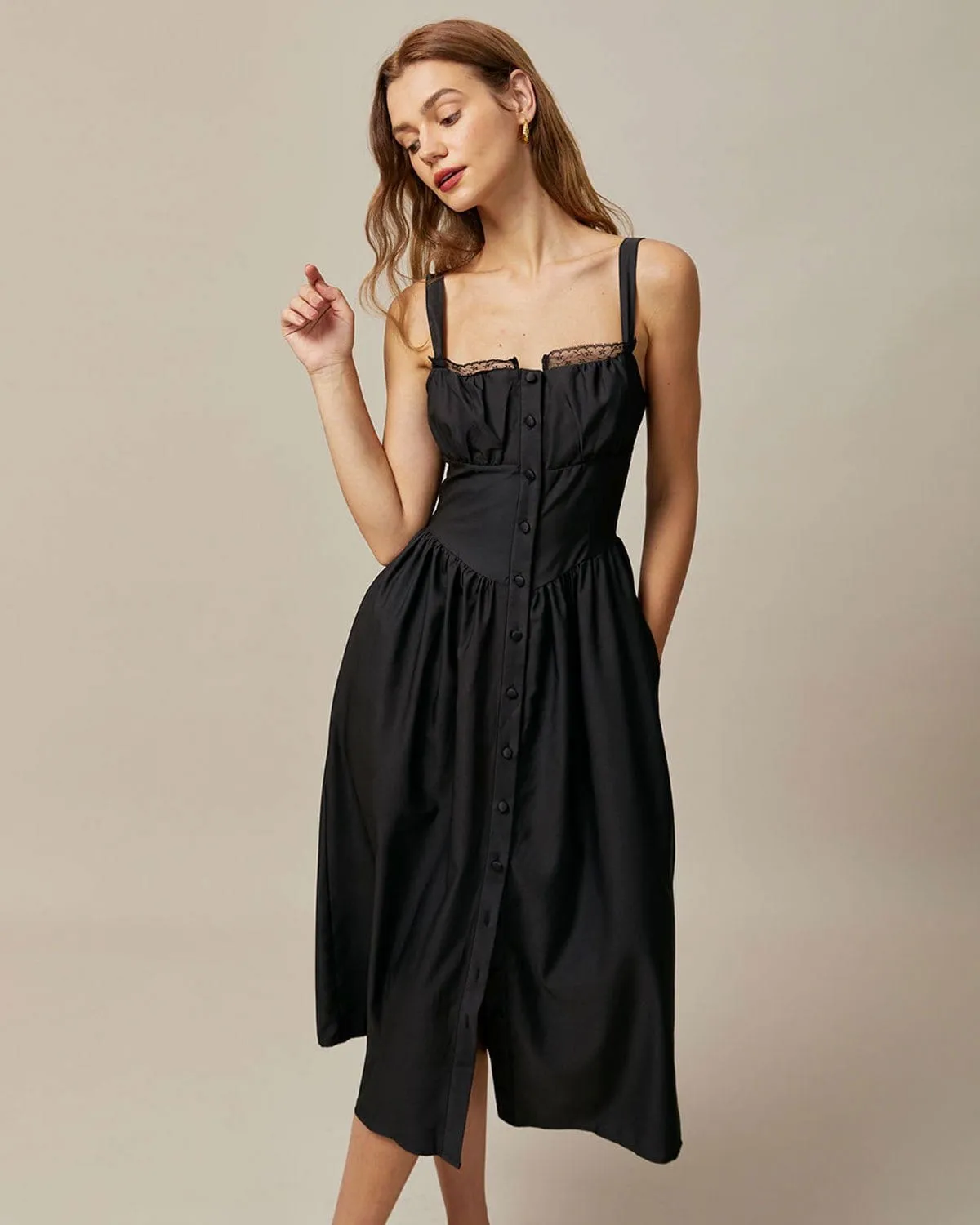 The Black Square Neck Lace Cami Midi Dress sold by rihoas