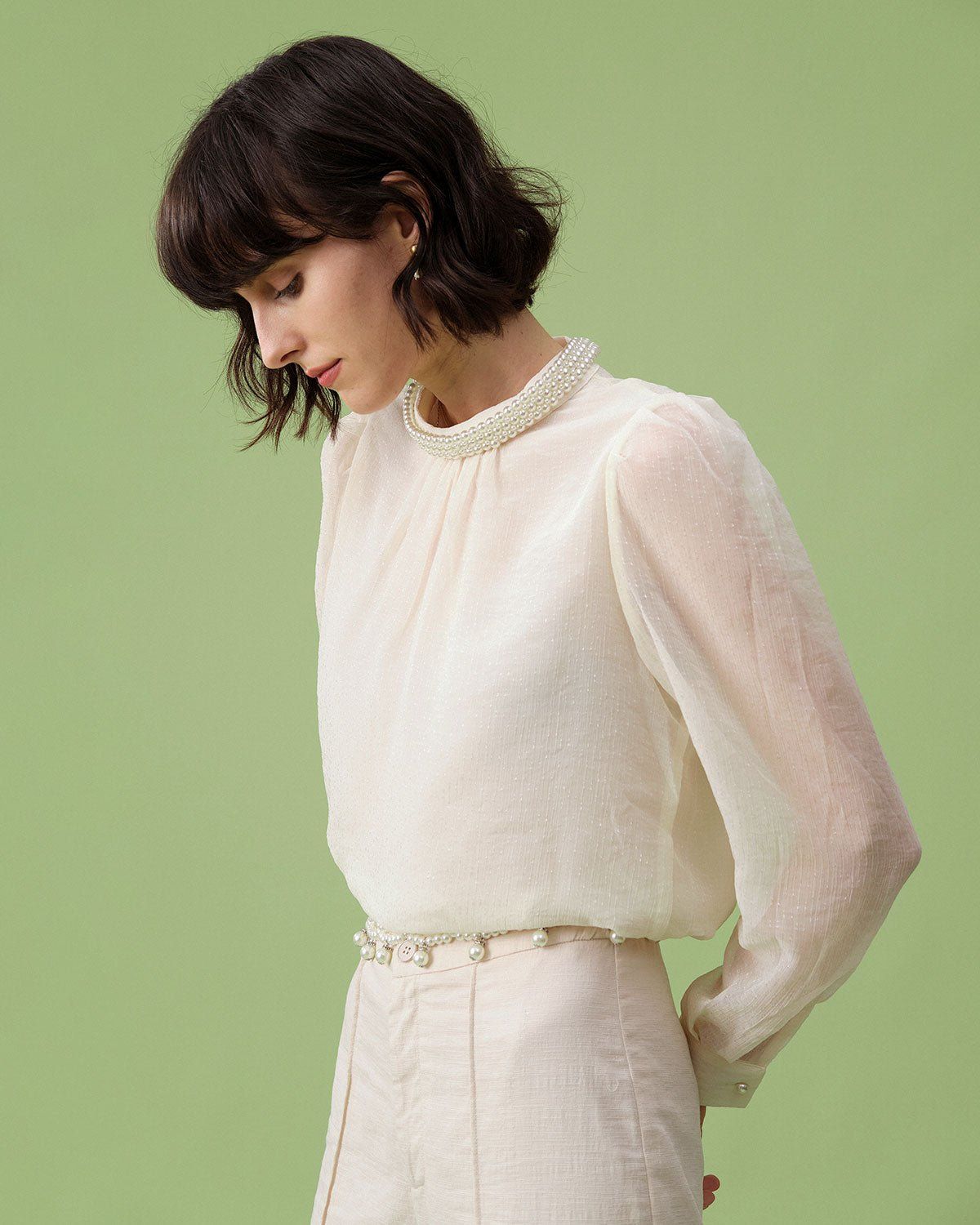 The Beige Mock Neck Sheer Sleeve Blouse sold by rihoas product image thumbnail 4