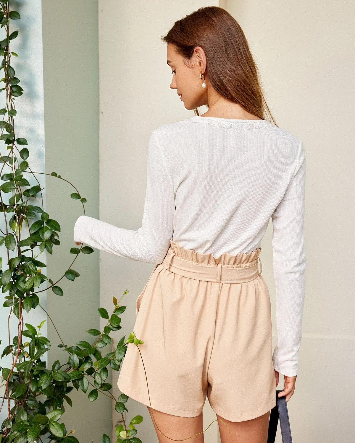 The White V Neck Lace Trim Ribbed Knit Tee sold by rihoas product image thumbnail 5