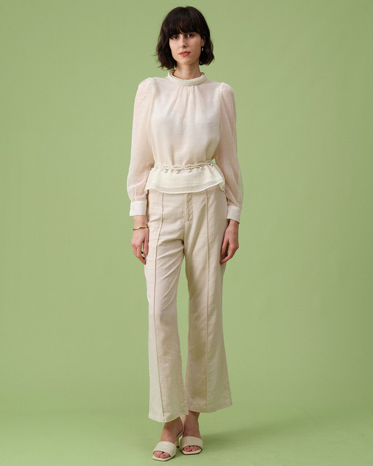 The Beige Mock Neck Sheer Sleeve Blouse sold by rihoas product image thumbnail 5