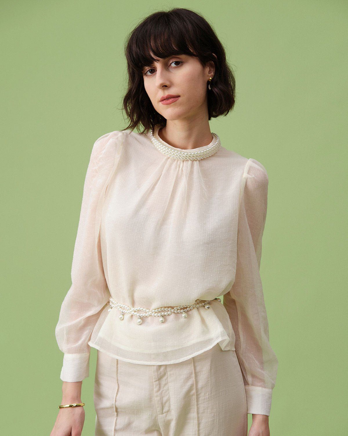 The Beige Mock Neck Sheer Sleeve Blouse sold by rihoas product image thumbnail 3