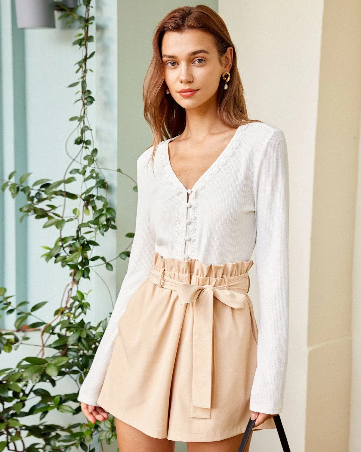 The White V Neck Lace Trim Ribbed Knit Tee sold by rihoas product image thumbnail 2