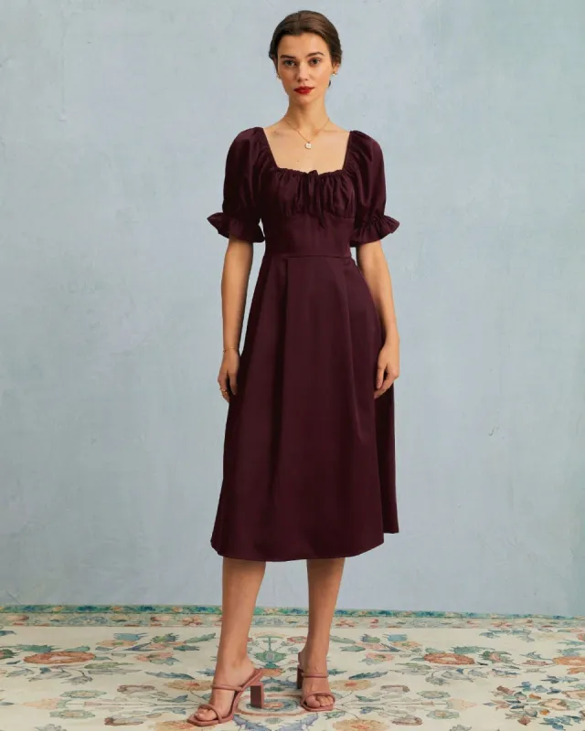 The Wine Red Square Neck Puff Sleeve Midi Dress sold by rihoas