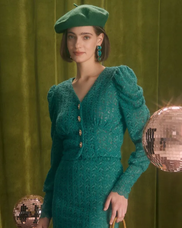 The Green V Neck Button Gigot Sleeve Cardigan sold by rihoas