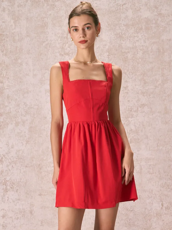 The Red Square Neck Lace Trim Mini Dress sold by rihoas