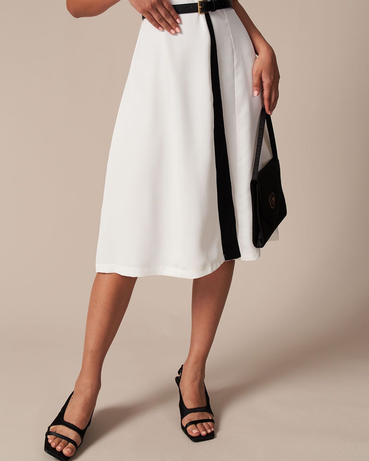 The White Round Neck Contrast Trim Midi Dress sold by rihoas product image thumbnail 4