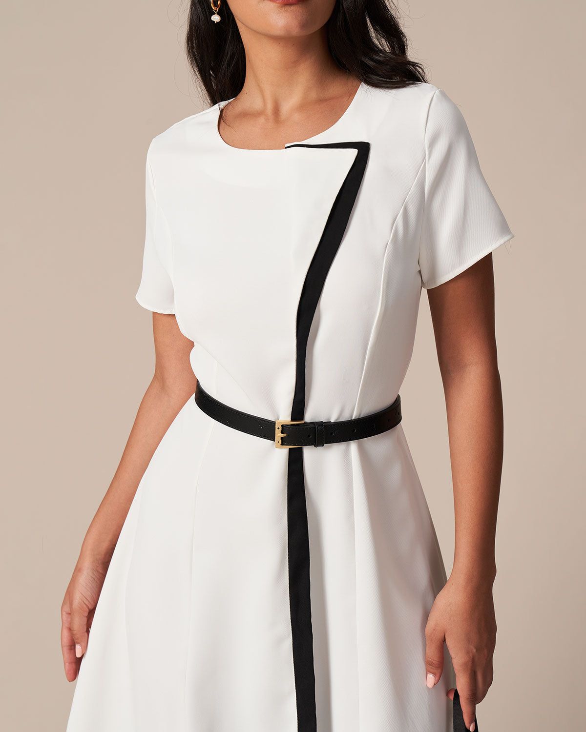 The White Round Neck Contrast Trim Midi Dress sold by rihoas product image thumbnail 3