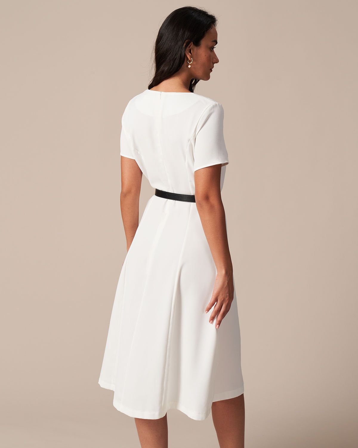 The White Round Neck Contrast Trim Midi Dress sold by rihoas product image thumbnail 5