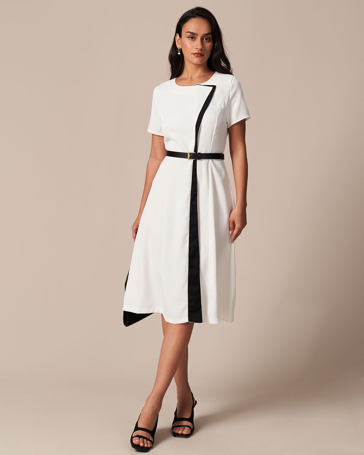 The White Round Neck Contrast Trim Midi Dress sold by rihoas product image thumbnail 2
