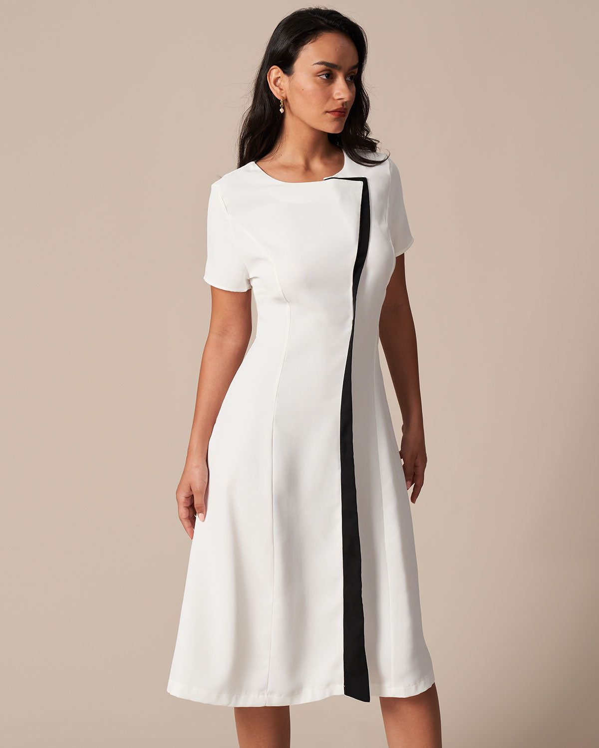 The White Round Neck Contrast Trim Midi Dress sold by rihoas