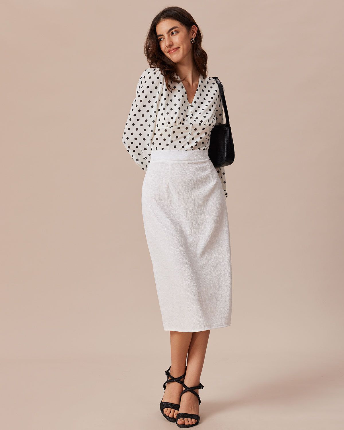 The White Textured Crepe Ruched Midi Skirt sold by rihoas product image thumbnail 2