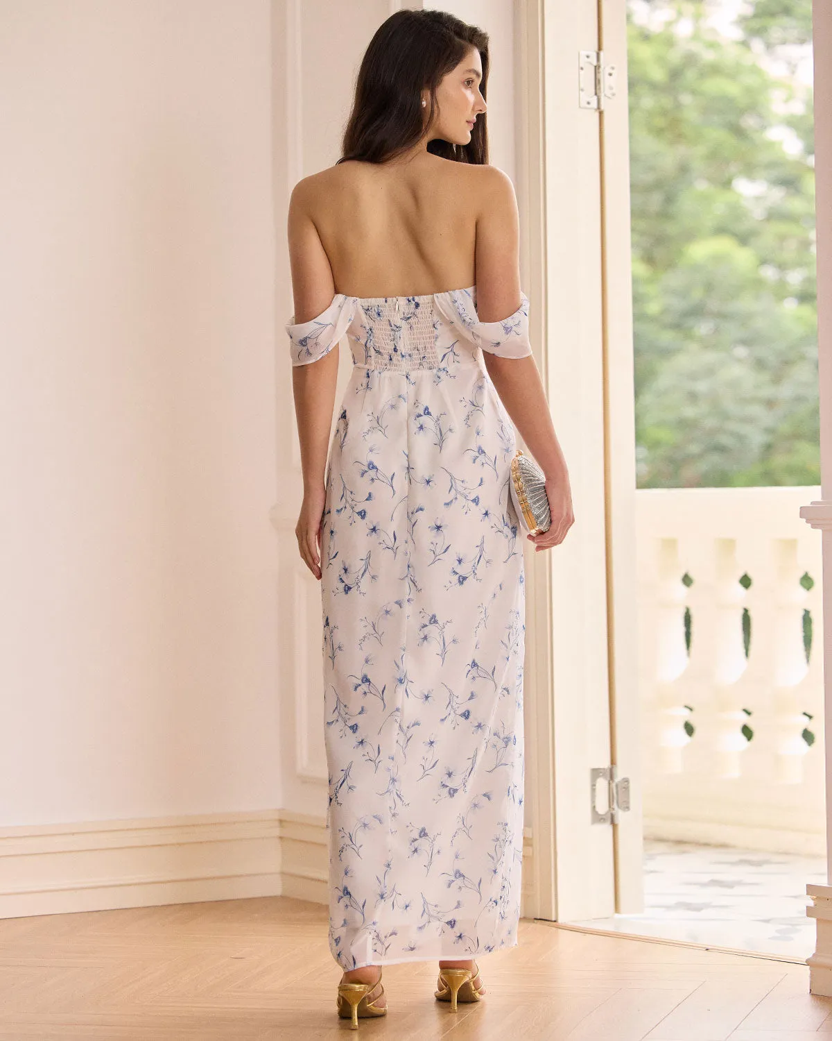 The White Floral Slit Strapless Maxi Dress sold by rihoas product image thumbnail 5