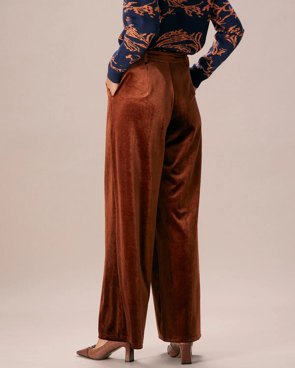 The Brown High Waisted Velvet Wide Leg Pants sold by rihoas product image thumbnail 4