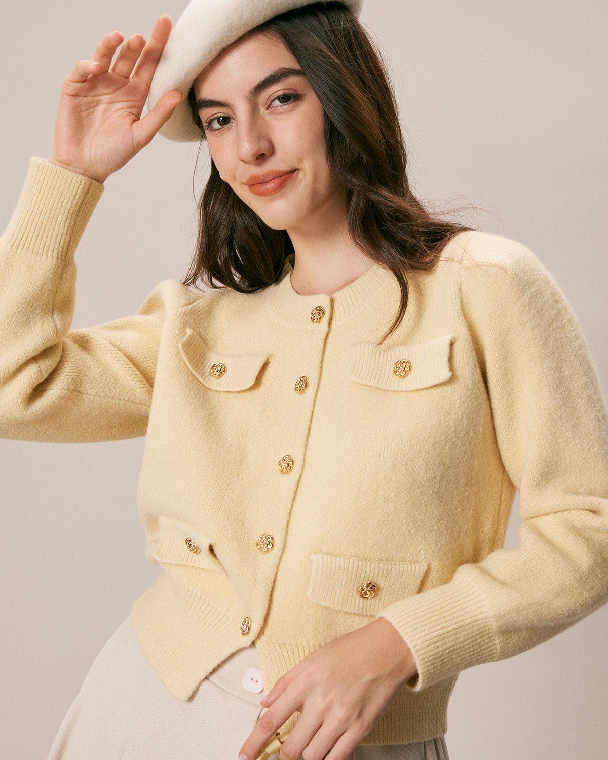 The Yellow Round Neck Ribbed Knit Cardigan sold by rihoas product image thumbnail 5