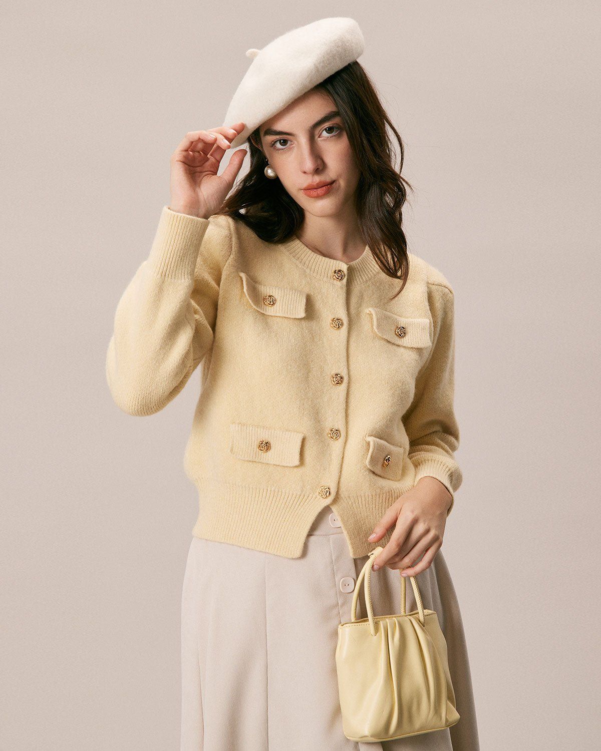The Yellow Round Neck Ribbed Knit Cardigan sold by rihoas product image thumbnail 4