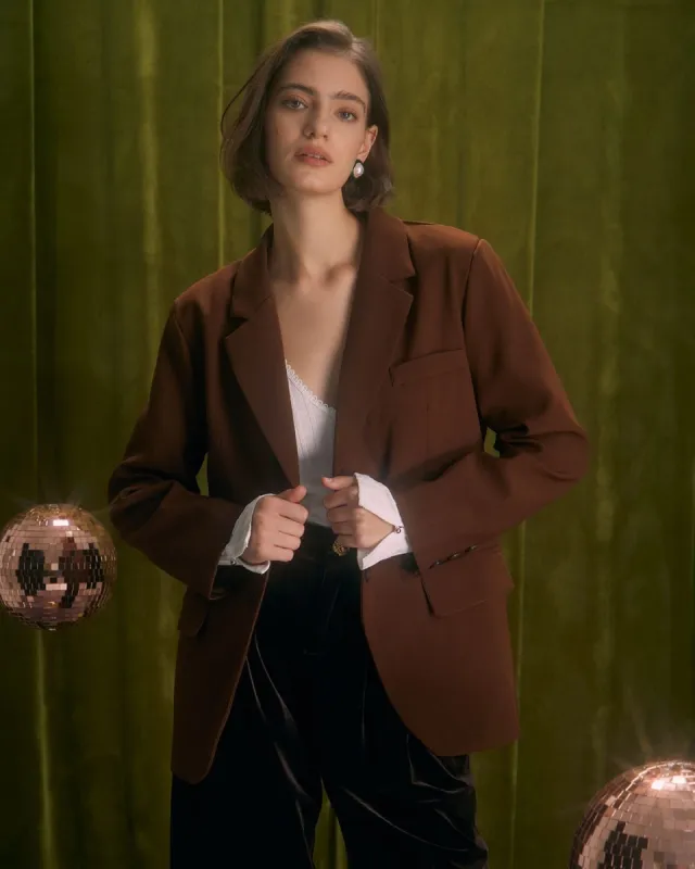The Brown Lapel Pocket Single Breasted Blazer sold by rihoas
