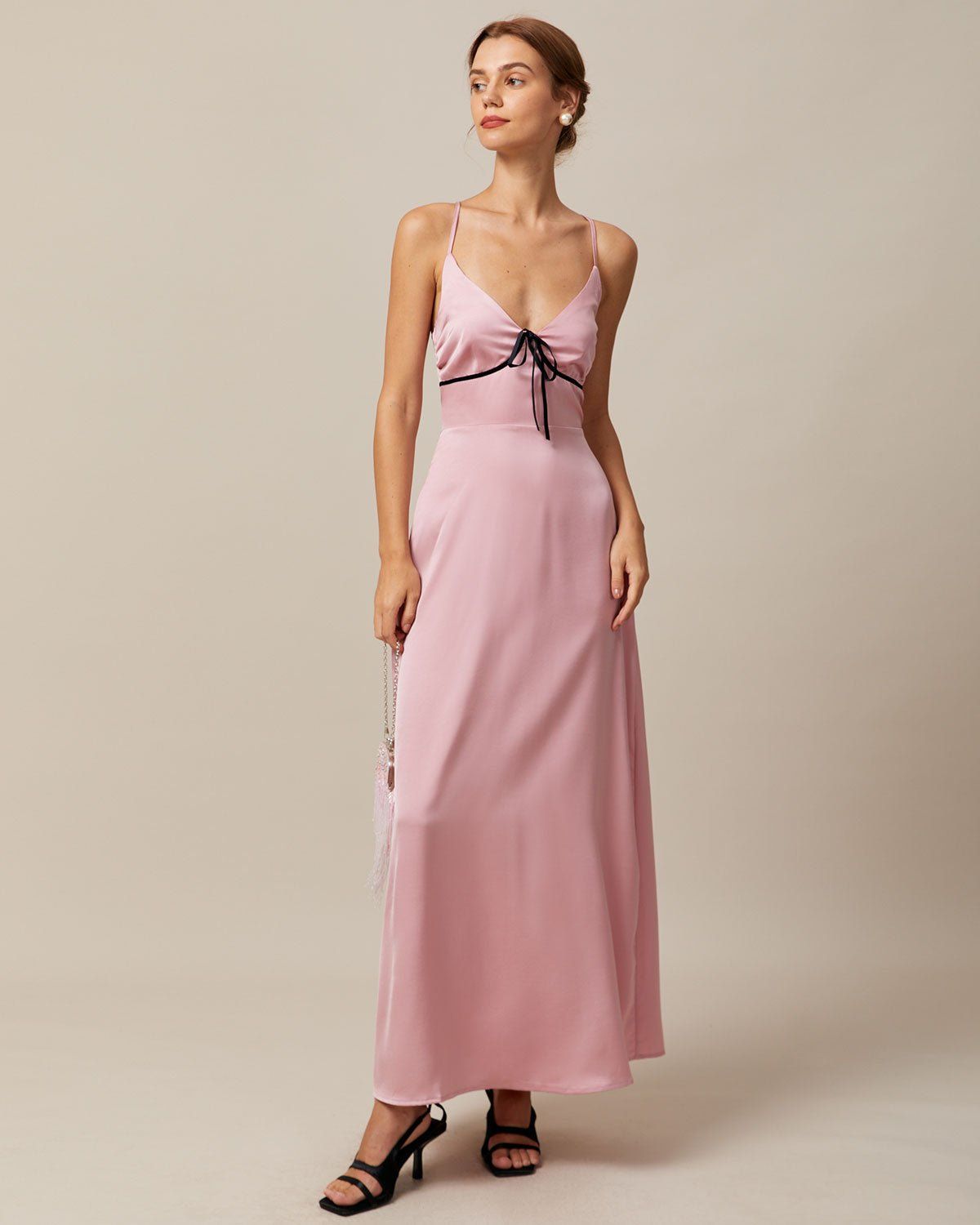 The Pink V Neck Cross Back Satin Maxi Dress sold by rihoas