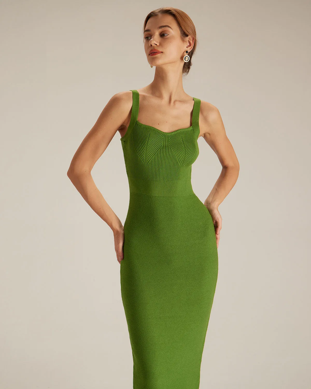 The Green Sweetheart Neck Knit Midi Dress sold by rihoas product image thumbnail 3