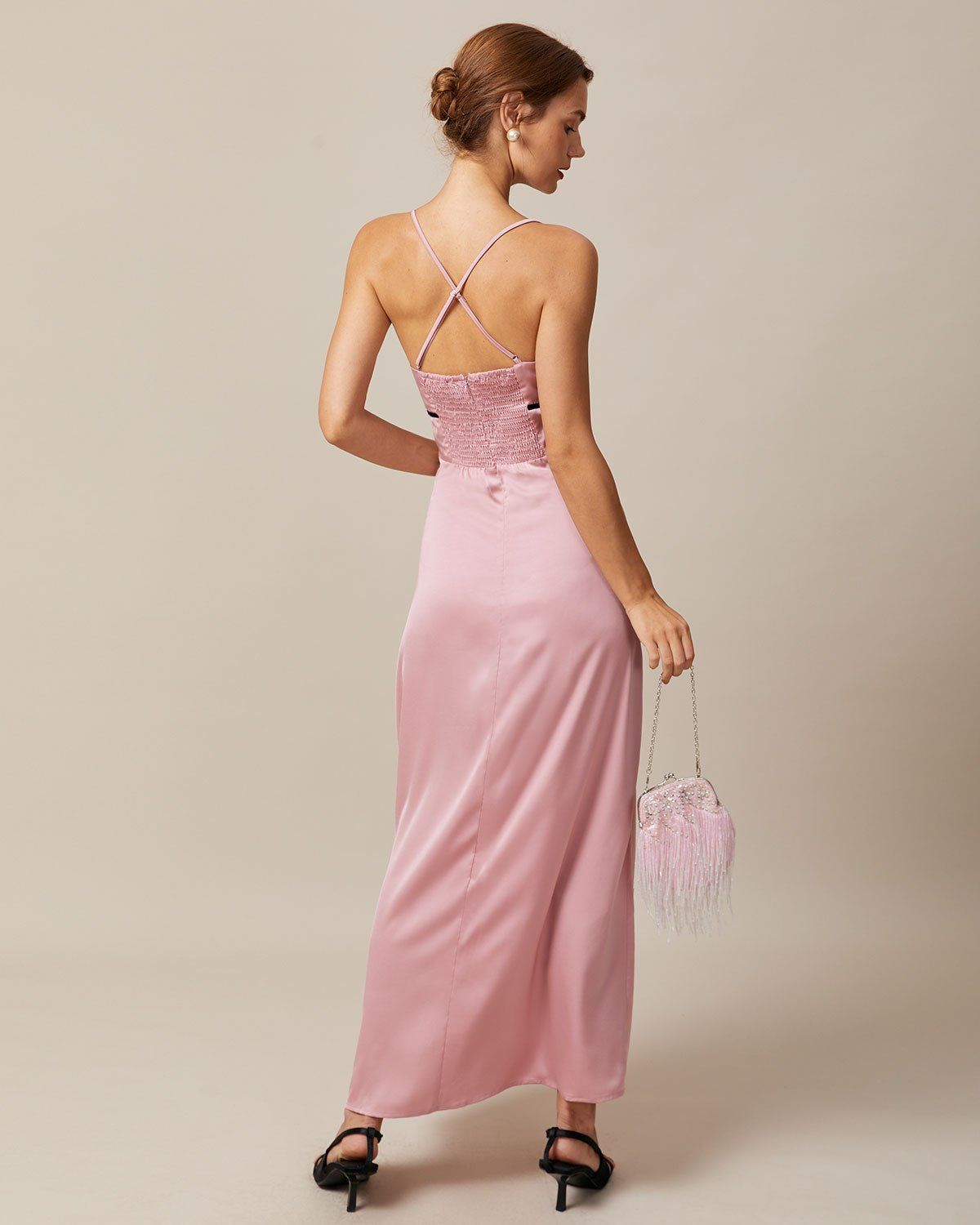The Pink V Neck Cross Back Satin Maxi Dress sold by rihoas product image thumbnail 5