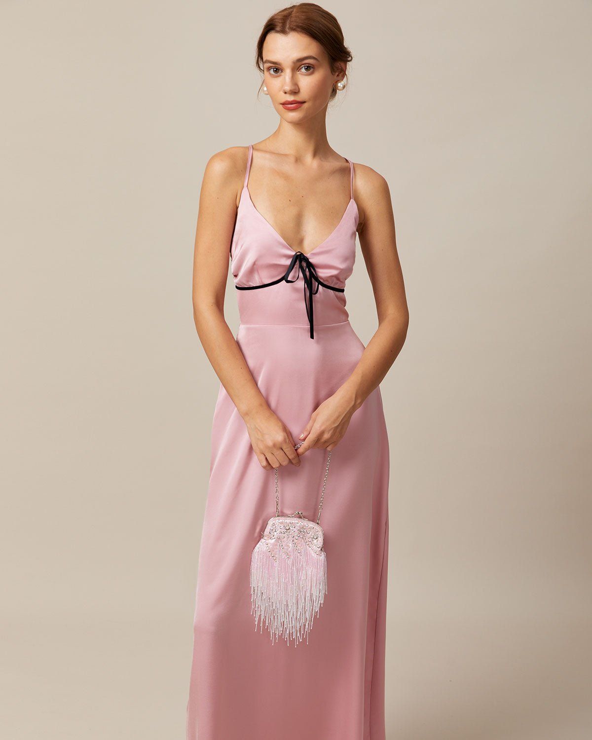 The Pink V Neck Cross Back Satin Maxi Dress sold by rihoas product image thumbnail 2
