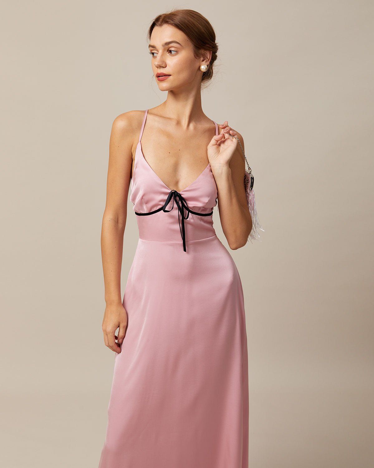 The Pink V Neck Cross Back Satin Maxi Dress sold by rihoas product image thumbnail 3