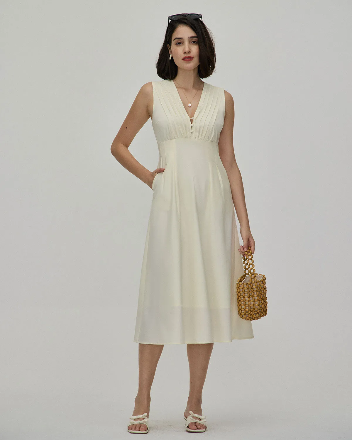 The Yellow V Neck Sleeveless Midi Dress sold by rihoas product image thumbnail 4
