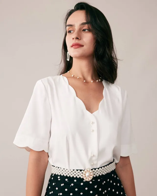 The Ruffle Neckline Pearl Button Shirt sold by rihoas