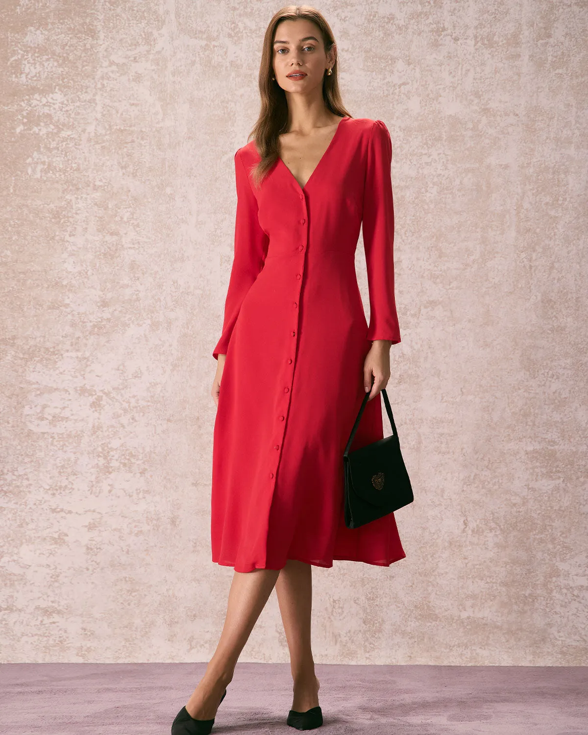 The Red V Neck Button Long Sleeve Midi Dress sold by rihoas product image thumbnail 5