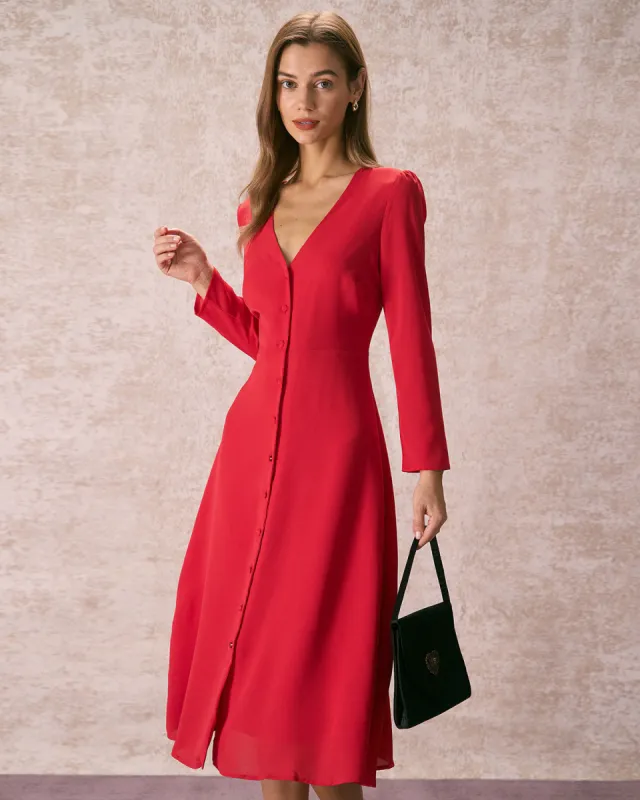 The Red V Neck Button Long Sleeve Midi Dress sold by rihoas