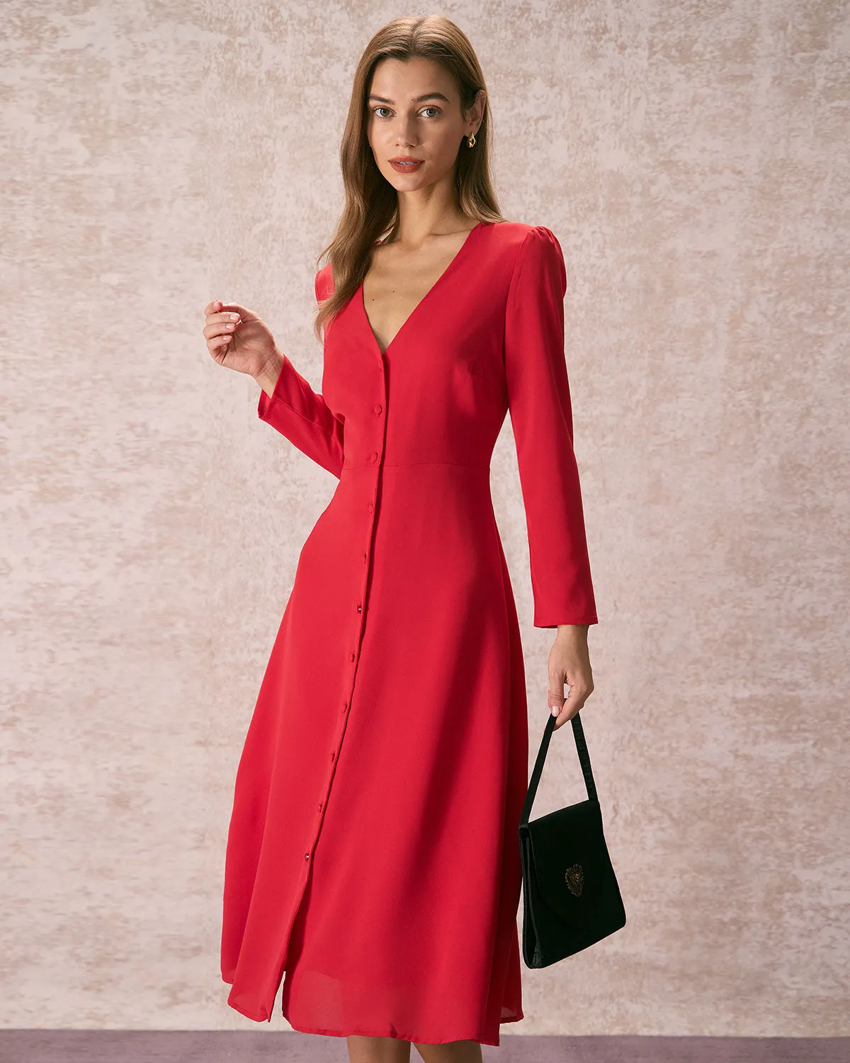The Red V Neck Button Long Sleeve Midi Dress sold by rihoas