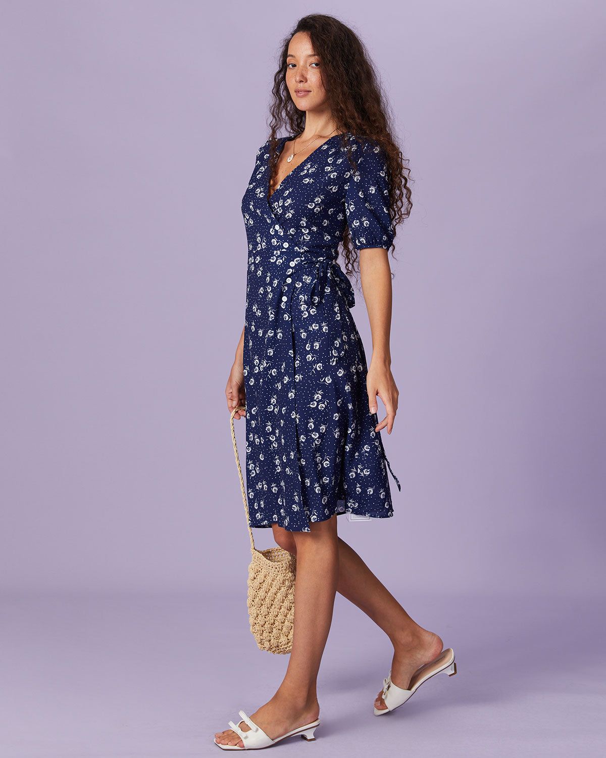 The Navy V Neck Floral Button Wrap Midi Dress sold by rihoas product image thumbnail 3