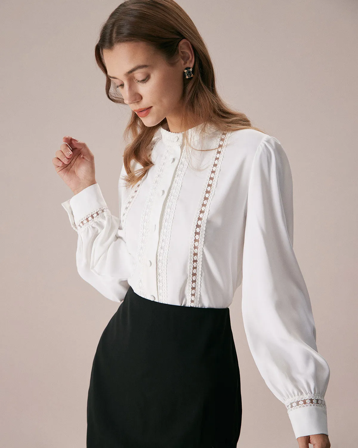 The White Mock Neck Lace Button Blouse sold by rihoas product image thumbnail 3