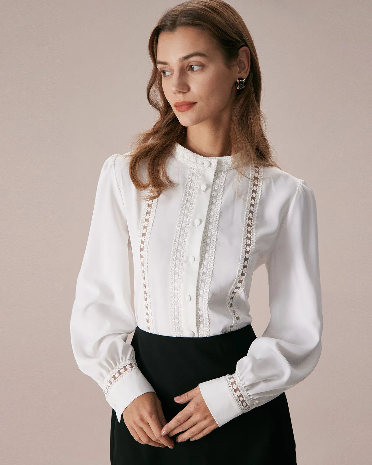 The White Mock Neck Lace Button Blouse sold by rihoas