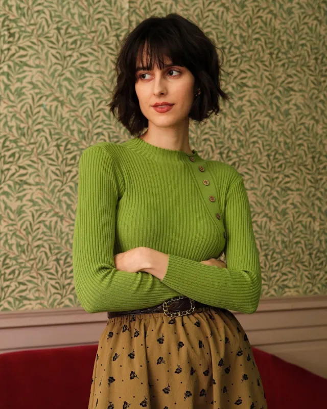 The Green Mock Neck Ribbed Knit Top sold by rihoas