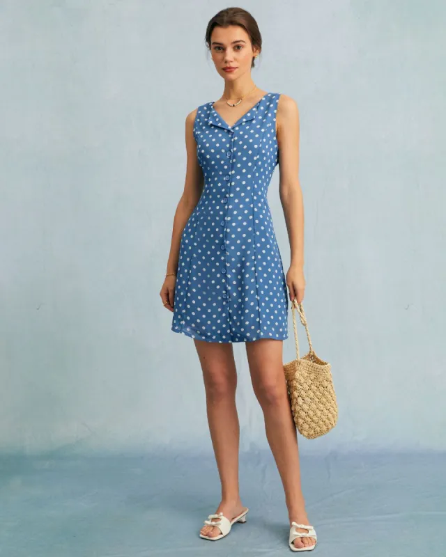 The Blue V Neck Polka Dot A-line Mini Dress sold by rihoas