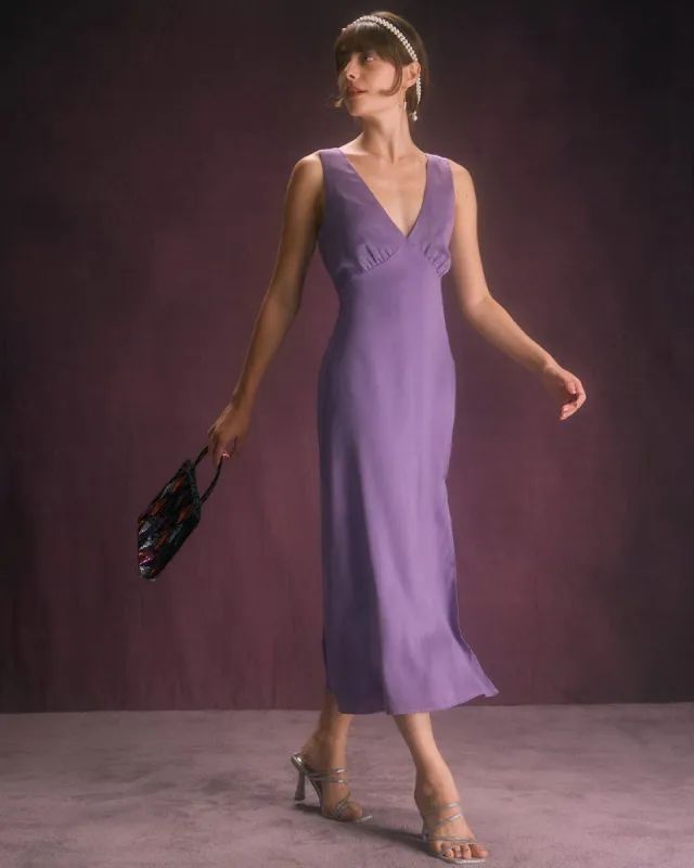 The Purple V Neck Split Hem Satin Midi Dress sold by rihoas