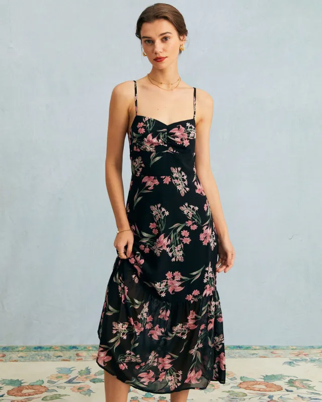 The Black Floral Ruched Ruffle Hem Midi Dress sold by rihoas