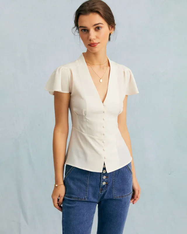 The Apricot V Neck Butterfly Sleeve Blouse sold by rihoas