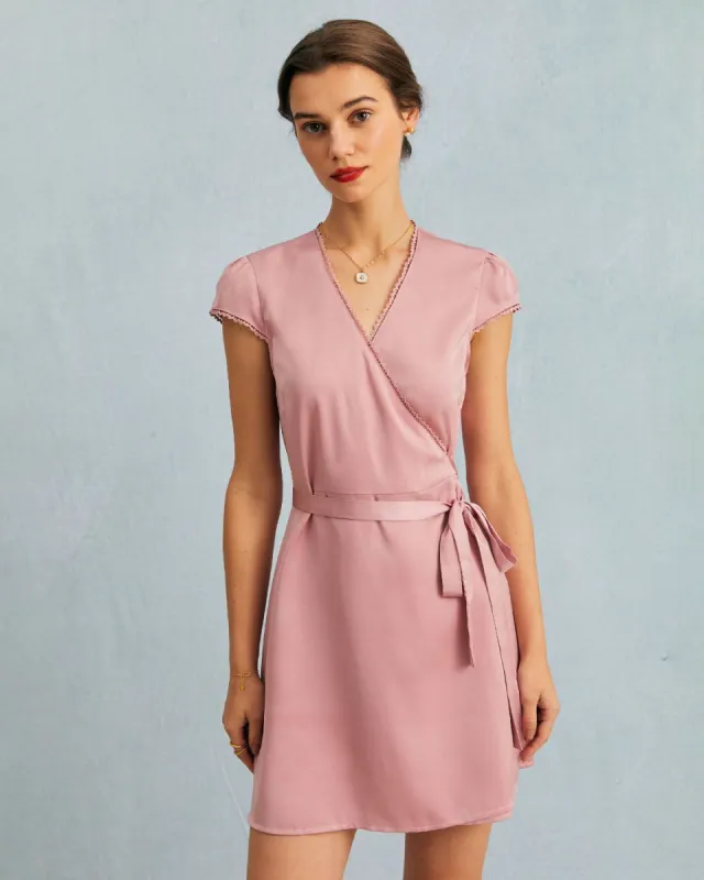 The Pink V Neck A-Line Wrap Satin Mini Dress sold by rihoas