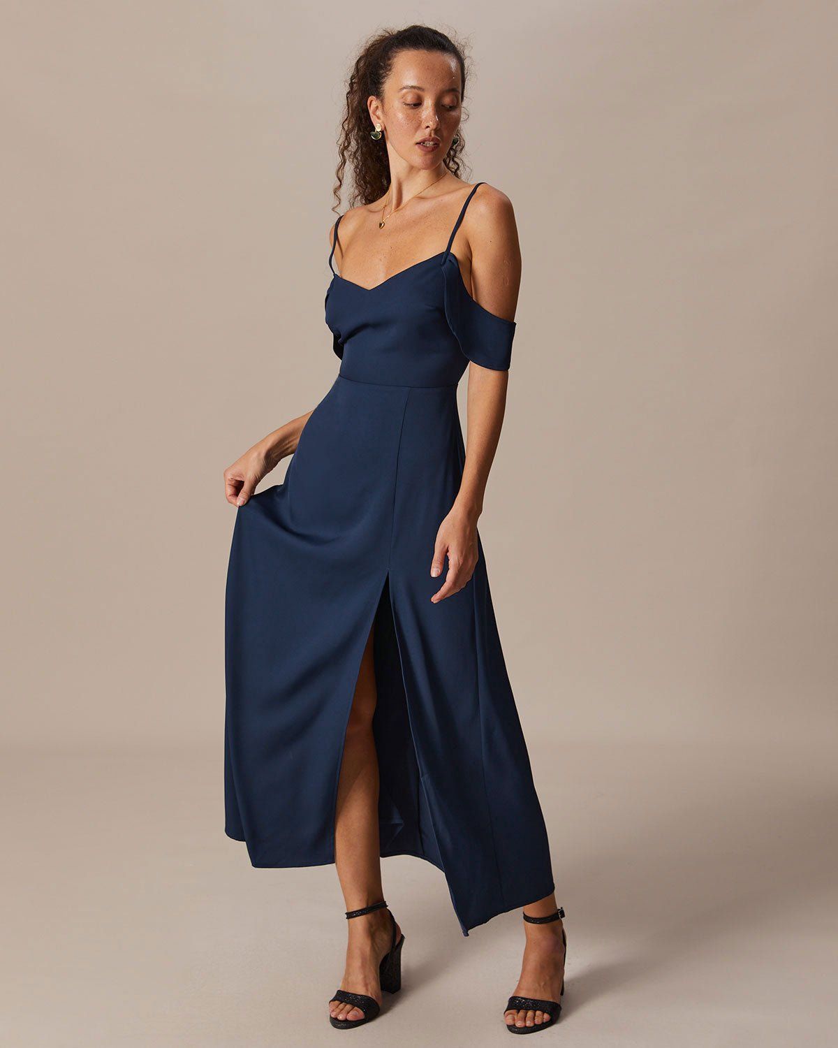 The Navy V Neck Shirred Backless Maxi Dress sold by rihoas product image thumbnail 3