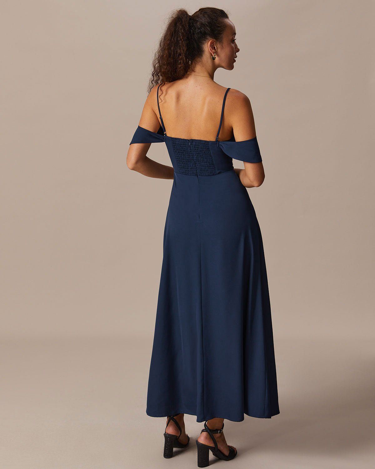 The Navy V Neck Shirred Backless Maxi Dress sold by rihoas product image thumbnail 5