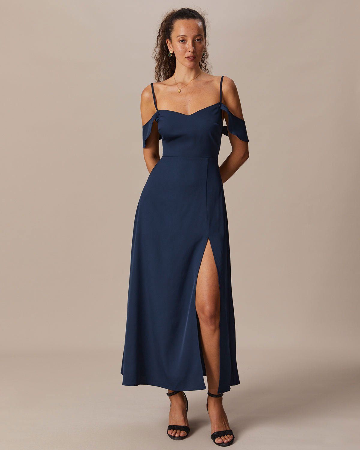 The Navy V Neck Shirred Backless Maxi Dress sold by rihoas