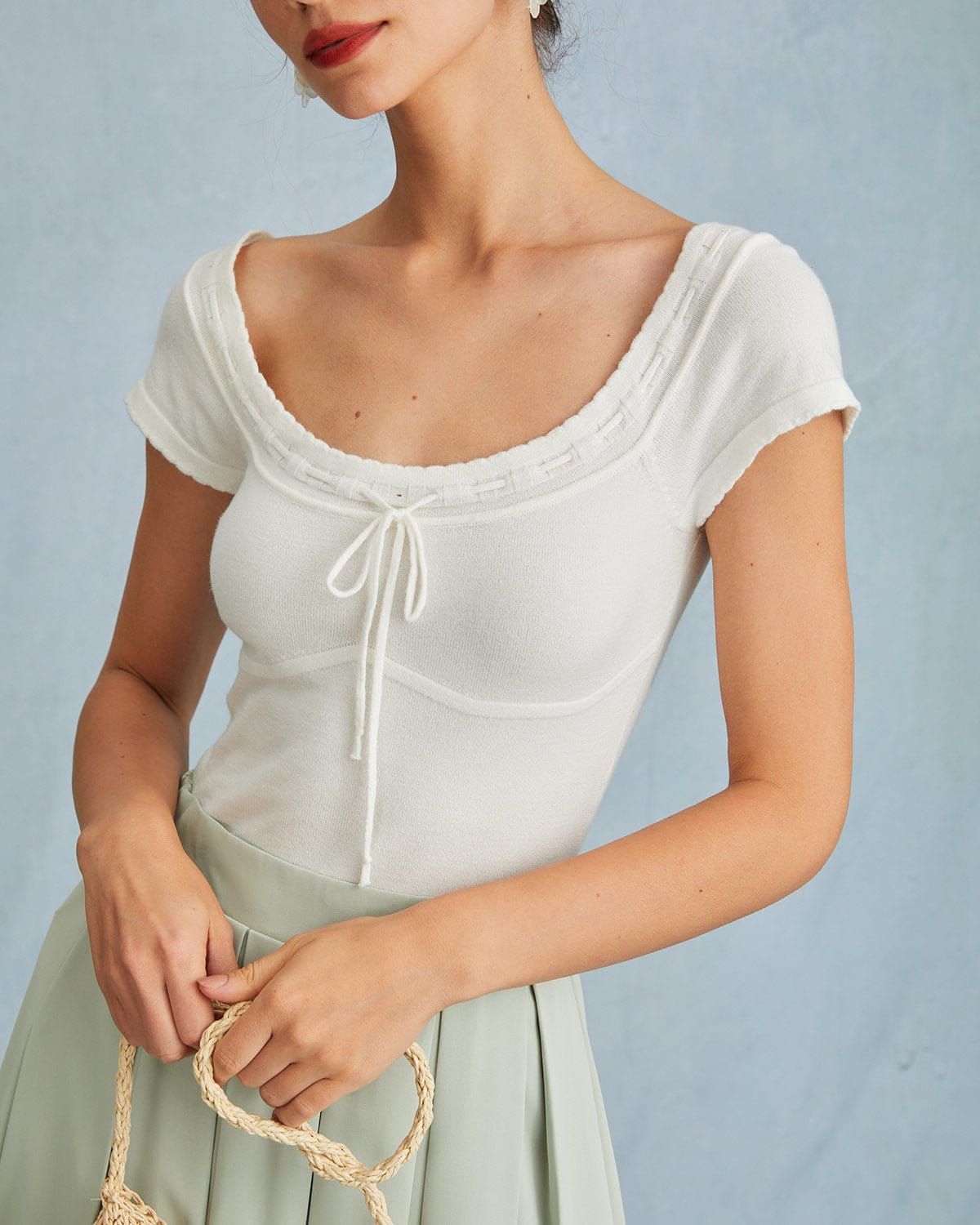The White Scoop Neck Short Sleeve Knit Tee sold by rihoas product image thumbnail 2