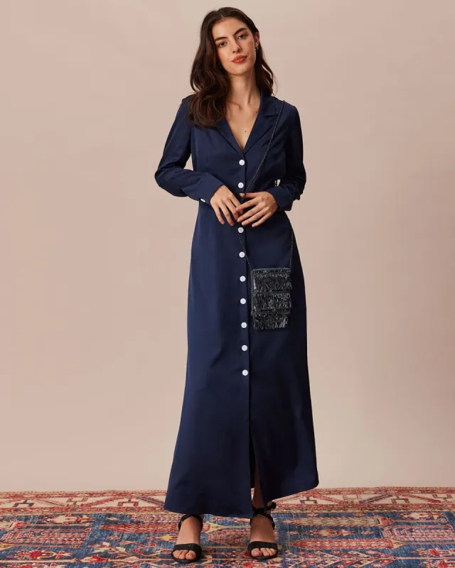 The Navy Lapel Single-Breasted Maxi Dress sold by rihoas