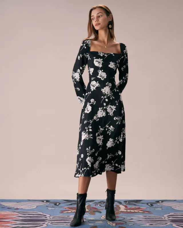 The Black Sweetheart Neck Floral Midi Dress sold by rihoas